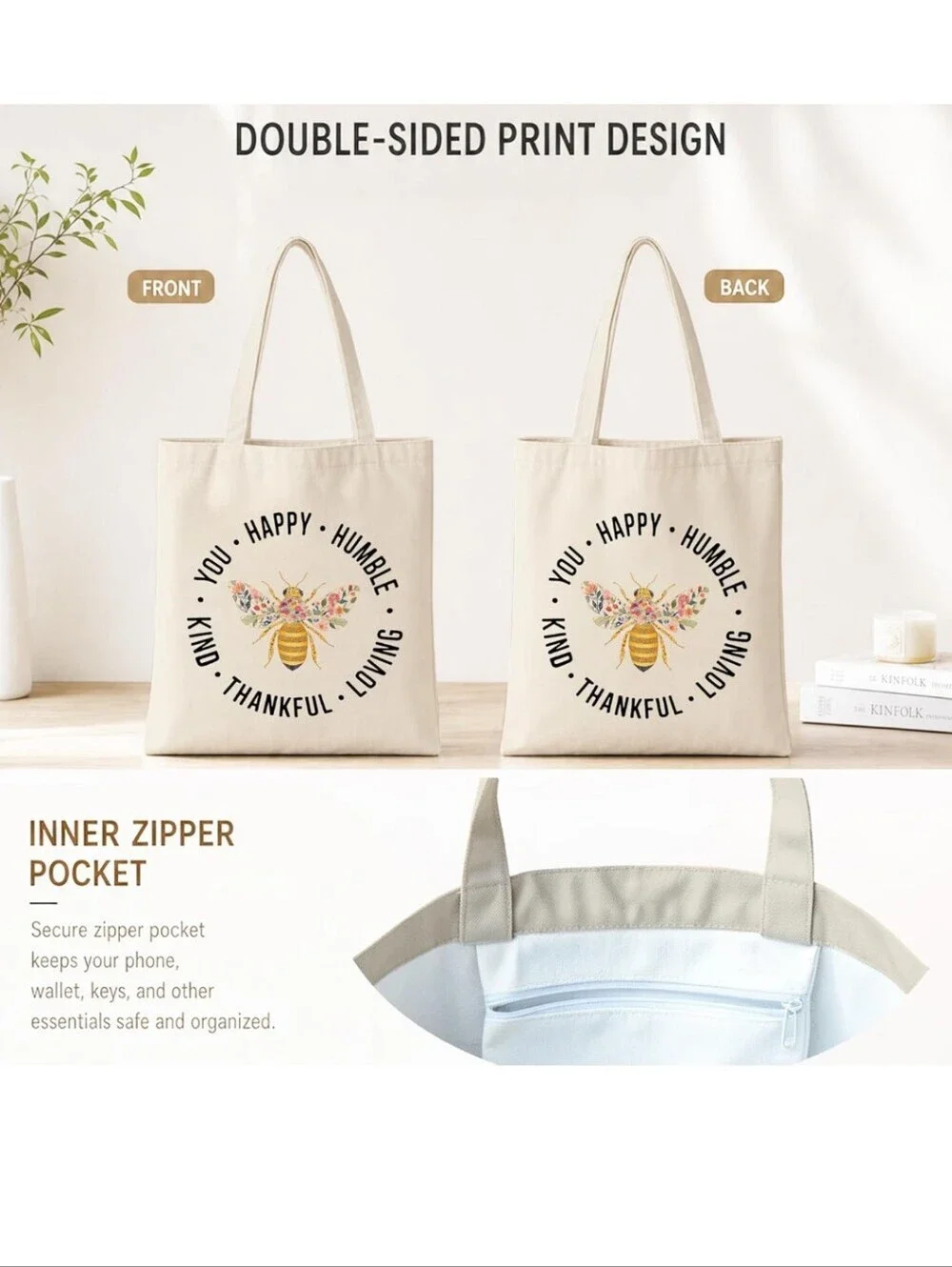 Everyday Canvas Tote Bag with Floral Bee Print - Natural